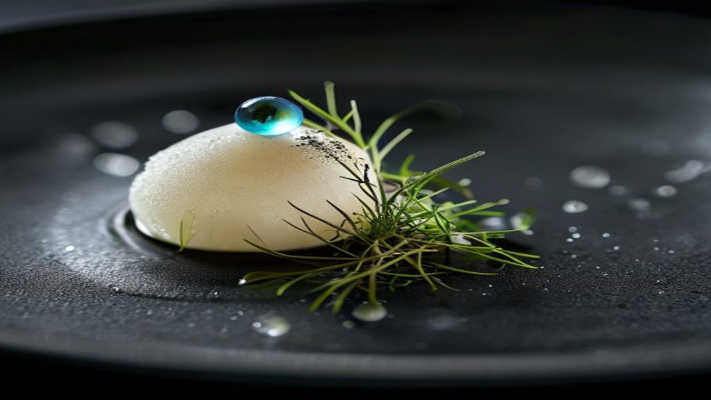 Umami Vortex de Quenelle Aero-Fermentada con Ceniza de Raíz y Gominola de Rocío Matinal
